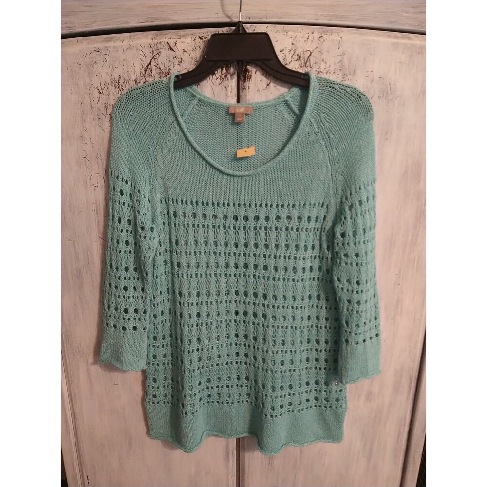 J Jill Linen Crocheted  Tunic Sweater Blue Small Boho Beachy Cottage Core